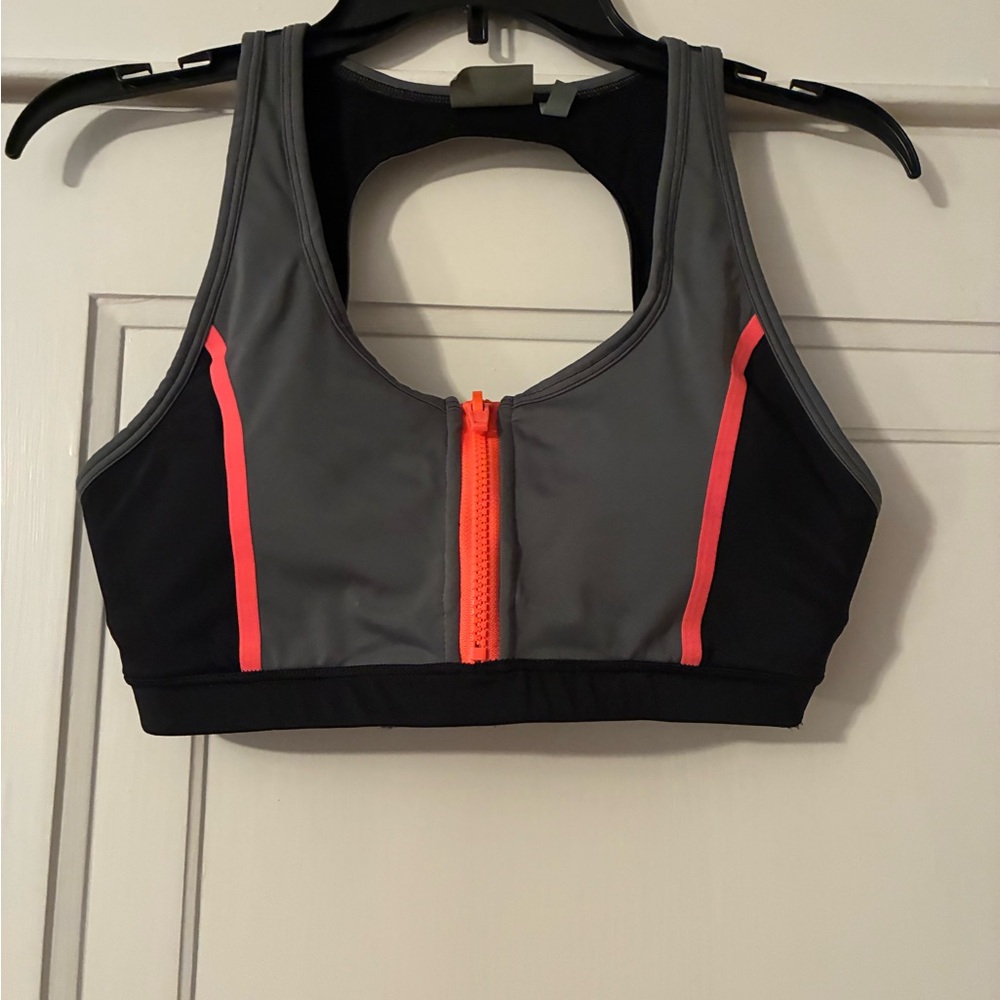 Athleta Gray and Black Bikini Top with Neon Zipper